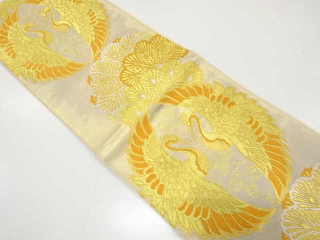 アンティーク　川島織物製　向かい鶴に笠松模様織り出し袋帯（材料）